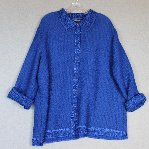 Susan Graver Style Textured‎ Button Down Top Ruffle Trim Royal Blue XL - Picture 1 of 4